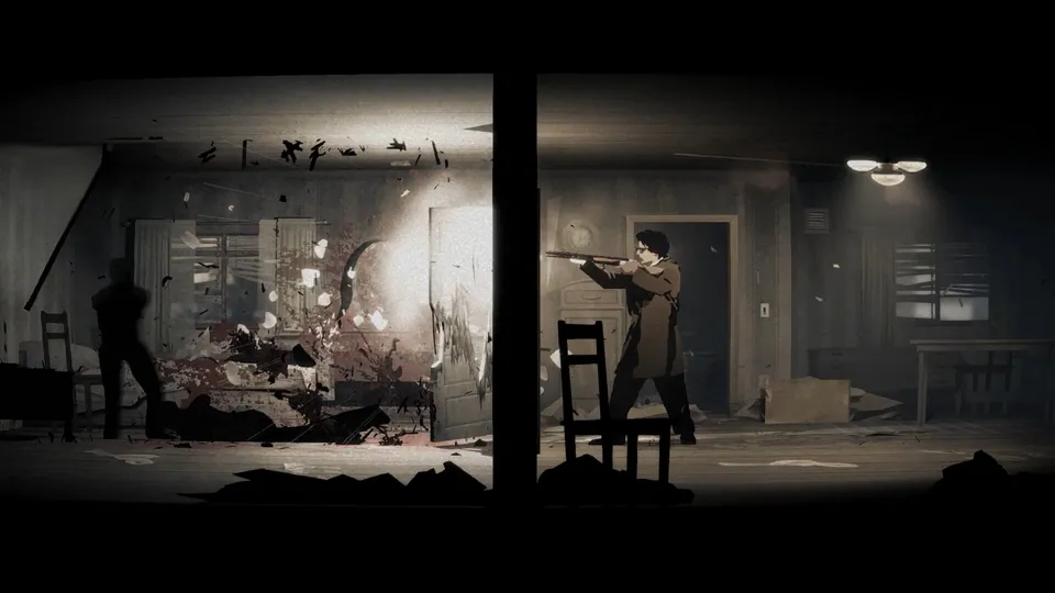 Official Steam screenshot of a figure aiming a long gun in a dim, damaged room.