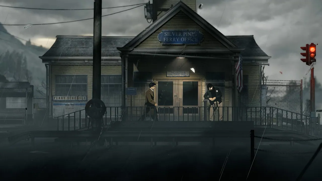 Official Steam screenshot of the Silver Pines Ferry Office at dusk in heavy rain, with a ferry schedule board and two figures on the platform.